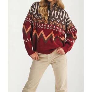 NEW KNIT & LOUNGE geometric pattern southwestern half-zip sweater in multi